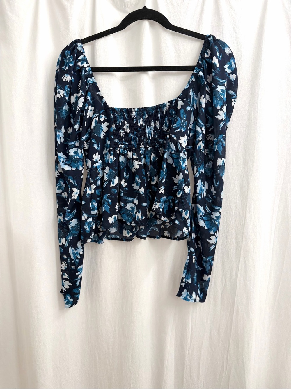 Abercrombie & Fitch Navy Blue Floral Smocked Square-Neck Blouse